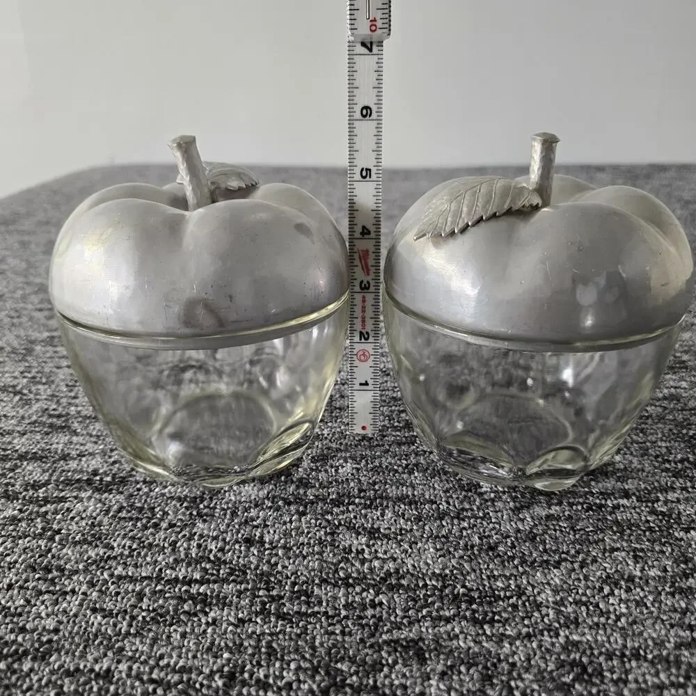 2 Decorative Glass & Pewter Apple Jars & 1 Solid Pewter Trinket Box Leaf Stems